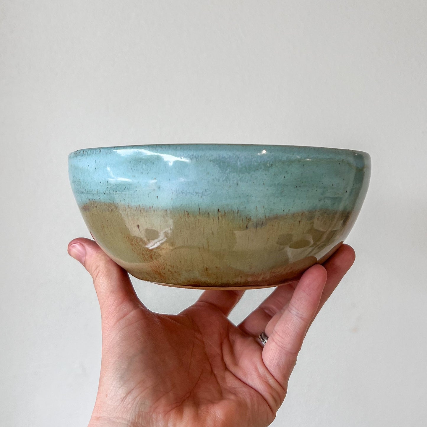 Hand holding a ceramic bowl with a gradient finish against a plain background