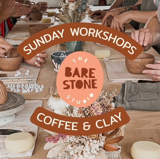 People working with clay at a table with 'The Bare Stone Studio' branding.
